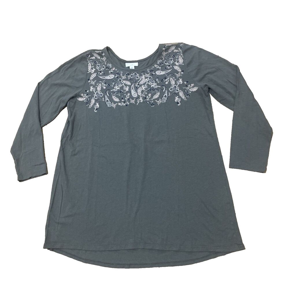J.Jill Modal Shirt Women M Embroidered Paisley Green Boho Coastal Western 40"